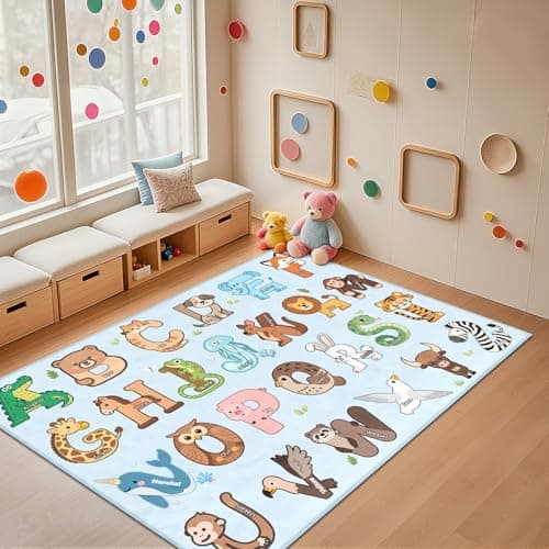 FTBNIQWRHN Kids Rugs for Playroom - 3x5 Feet ABC Alphabet Rug for Kids Room Educaitonal Learning Animal, Preschool Rug for Children Toddler Bedroom Nursery Kindergarten Decor, Blue - Image 1