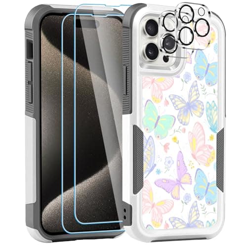 LOQUPE [5 in 1 for iPhone 15 Pro Max Case,with 2 Pack Screen Protector + 2 Pack Camera Lens Protector,Heavy-Duty Tough Rugged Lightweight Slim Shockproof Protective Case for Women,Colorful Butterfly - Image 1