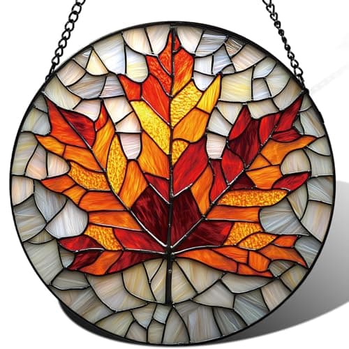 Zizzie Stained Glass Maple Leaf Suncatcher - 7.9" Real Glass Fall Autumn Window Hanging, Weatherproof Rustic Thanksgiving Decor, Seasonal Nature Gift for Women Mom - Image 1