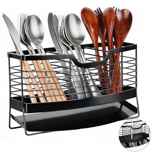 Basysnck Utensil Holder, Stainless Steel Utensil Drying Holder for Kitchen Counter, Self-Draining Utensil Drying Rack with 3 Compartments Cutlery Flatware Silverware Organizer - Image 1