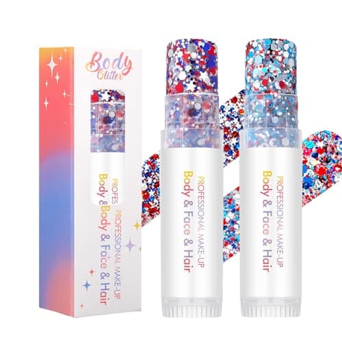 4th of July Glitter Stick (2Pcs), Red White and Blue Glitter Stick, Glitter Sticks for Face, Patriotic Hair Glitter Makeup, Fourth of July Decorations for Independence Day, Sparkling Makeup for Women