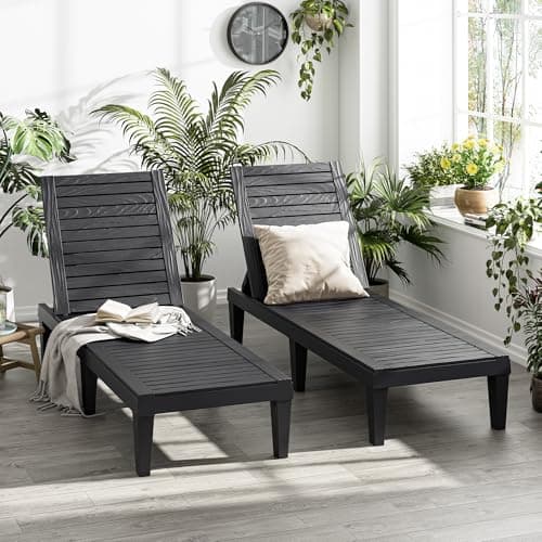 NBYSGO Patio Chaise Lounge Set of 2, 5-Position Adjustable Reclining Patio Lounge Chairs with Wood Grain Finish, All-Weather Resin Pool Lounge Chairs for Garden Deck Backyard (Black) - Image 1