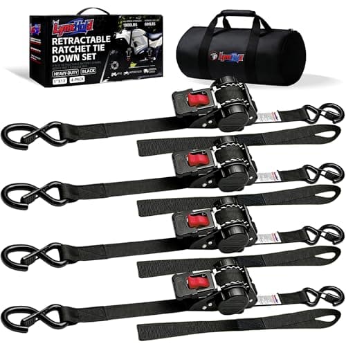 Retractable Ratchet Straps1In x 13Ft - Heavy Duty Auto Slow Retraction Tie Down Straps - 1,800lb Break Strength Self Retracting for Truck, Cargo Trailer, Motorcycle, ATV, UTV - Black, 4Pack - Image 1