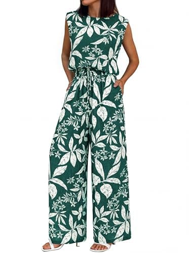 BTFBM Lounge Sets For Women Summer Sweatsuits 2 Piece Tracksuit Sleeveless Tops Wide Leg Pants Floral Vacation Outfits(Floral Dark Green,Medium) - Image 1