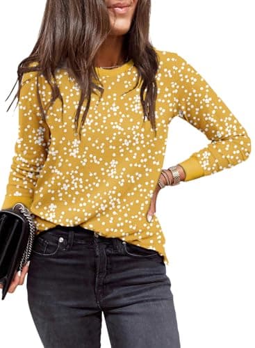 EVALESS Tops for Women Trendy Summer Spring Crewneck Long Sleeve Tops Printed Shirts Loose Fit Basic T Shirts Casual Tee Clothing Yellow XX-Large - Image 1