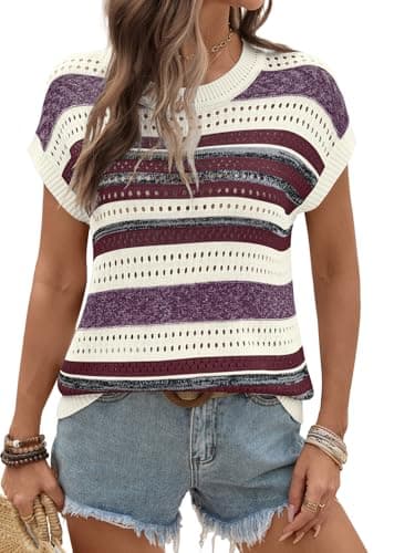 Ivicoer Short Sleeve Sweater for Women 2026 Womens Fashion Trendy Knitted Crochet Tops Beach Vacation Clothes for Women Stripe Purple S - Image 1