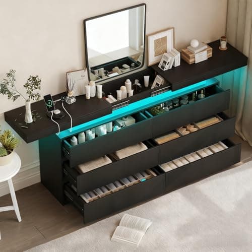 6 Drawer Dresser for Bedroom, Black Dresser with Power Outlet, LED Light, Sliding Desktop, Modern Wood Dressers, Dual Wide Chest of Drawers Storage Organizer for Bedroom,Living Room,Entryway,Hallway - Image 1