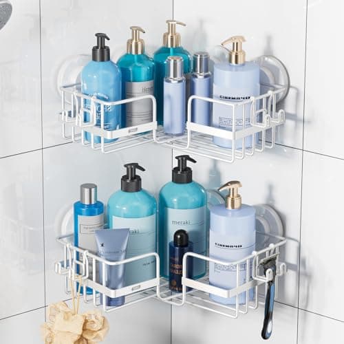 TAILI Corner-adaptive Suction Cup Shower Caddy 2 Pack, Stainless Steel Rustproof Corner Shower Shelves, Drill-Free Wall Mounted Baskets, Large Capacity Removable Suction Cup Bathroom Organizer, White - Image 1