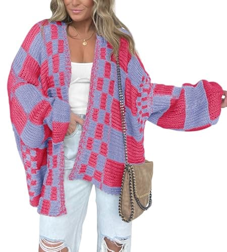 BTFBM Casual Cardigan Sweater for Women Fall 2031 Long Sleeve Open Front Chunky Knit Sweaters Checkered Outwear Coat(Rose Pink Blue,Large) - Image 1