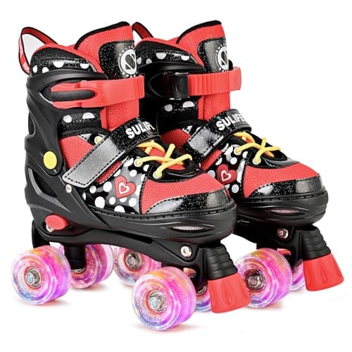 SULIFEEL Adjustable Roller Skates for Girls Ages 5-8 6-12 with Polka Dots & Bow, Light Up Wheels, 4 Sizes Adjustable for Beginner Kids Skates Indoor Outdoor Sports - Image 1