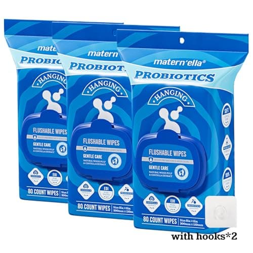 matern'ella Hanging Flushable Wipes Unscented Extra Large Corner-Connected Wet Wipes Adult Plant Based Fibers with Probiotics Alcohol Free Sewer Safe Butt Wipe Travel 3 Packs of 80 Wipes - Image 1