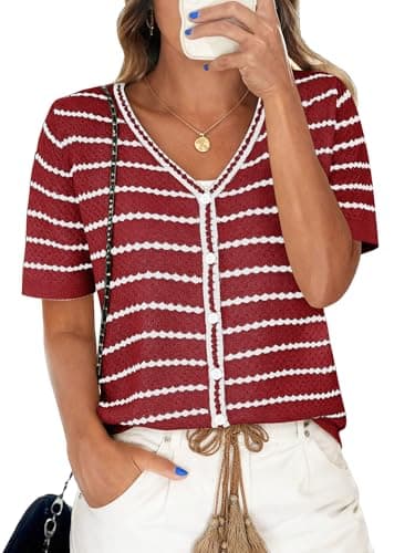 COCCKO 2026 Summer Short Sleeve Sweater for Women Button Down Crochet Striped Open Front V-Neck Button Down Tops Red and White XL - Image 1
