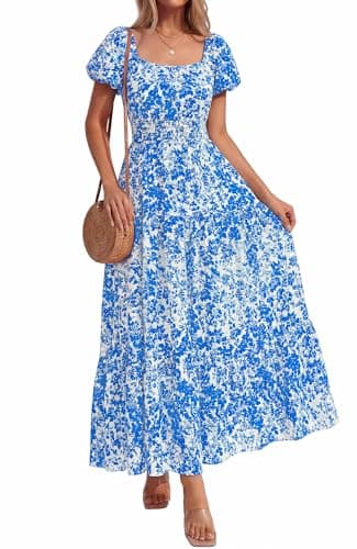 BTFBM Summer Dress for Women 2026 Spring Floral Short Sleeve Casual Flowy A-Line Smocked Tiered Maxi Dresses Pockets(Leaf Blue, X-Large) - Image 1