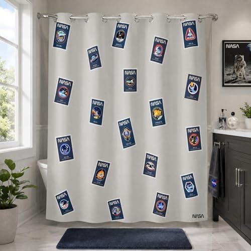 DRIFTED ROOT NASA Licensed No Hook Shower Curtain Set, Mission Stamp Collage Design, Space Poster Art, Oxford Cloth, Bathroom Hotel Decor (Postcards from Space-Gray, 72" W x 74" L (Pack of 1)) - Image 1