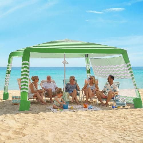 Zeraty Beach Cabana 8'×8', Portable Beach Canopy with Side Wall, UPF 50+ Silver-Coated Beach Tent Sun Shelter Easy Pop Up, Wind Resistant Adjustable Height Beach Umbrella Tent for Family, Green - Image 1