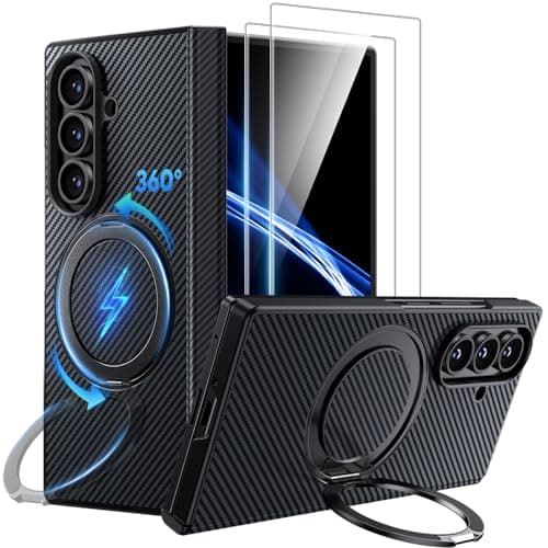 WSKEN for Samsung Galaxy Z Fold 7 Case with 360° Magnetic Stand - Military Grade Shockproof Case with 2 X Screen Protector, Compatible with MagSafe, Carbon Fiber Texture Design for Z Fold 7, Black - Image 1