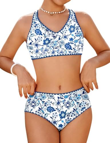 Teen Bathing Suits for Girls 14-16 Junior Crisscross Tie Back Bikini Tops High Waist Swim Bottom Swimsuit Sets Two Piece Big Kids Swimwear Blue Floral - Image 1