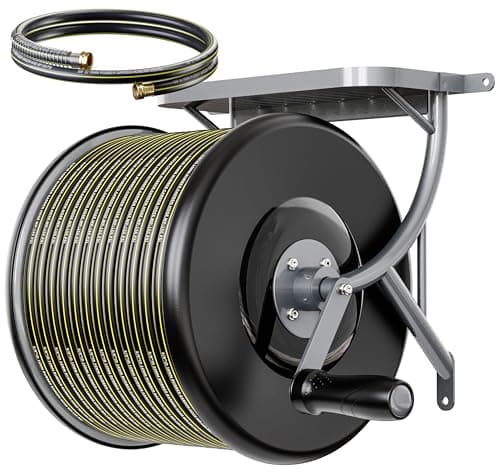 Wurzberge Heavy Duty Wall Mounted Garden Hose Reel – Durable Steel Construction, Come with 130ft Rubber Garden Hose & 5ft Lead-in Hose, Brass Fittings, Easy Crank Handle, Weather Resistant - Image 1