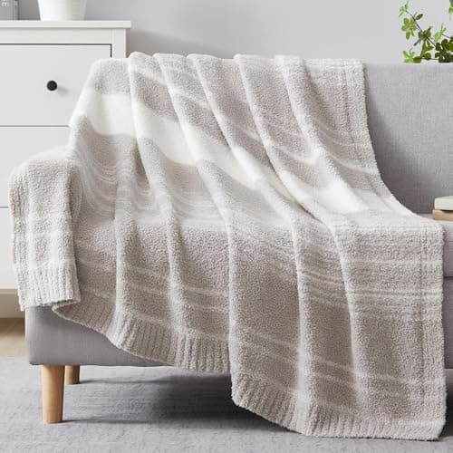 WRENGONGE Taupe Throw Blanket, 60x80 Soft Cozy Striped Throw Blankets for Couch, Sofa, Bed, Travel, Lightweight Fluffy Warm Plush Decorative Blankets for Women, Men Gift - Image 1