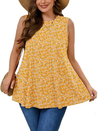 AusLook Plus Size Women's Tank Tops Yellow Celosia 1X Summer Casual Crew Neck Sleeveless Flowy Loose Fit Boho Tops 2025 Basic Loose Dressy Work Holiday Shirts Business Outfits - Image 1