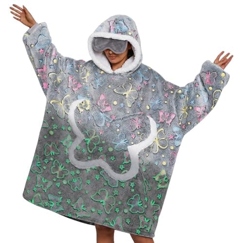OLAOLA Butterfly Wearable Blanket Hoodie for Adult, Oversized Glow in The Dark Animal Hooded Blanket with Pockets & Eye Mask, Soft Sherpa Butterfly Print Sweatshirt Comfy for Birthday Gifts - Image 1
