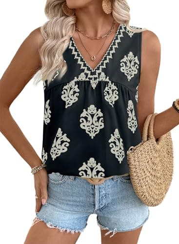 EVALESS Tank Tops for Women Summer V Neck Sleeveless Shirts Blouses Boho Dressy Babydoll Tops Spring 2026 Fashion Business Casual Pleated Vest Work Travel Vacation Outfits Black Print Small - Image 1