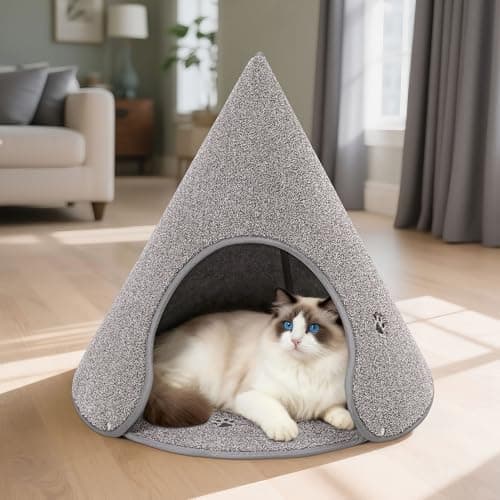 BEQHAUSE Cat Beds for Indoor Cats, Cat Cave Bed with Non-Slip Bottom, Anti-Scratch Cat House Cat Tent for Kittens and Small Dogs, Foldable Kitten Hideaway Machine Washable,22.8 * 22.8 * 20.8in, Grey - Image 1