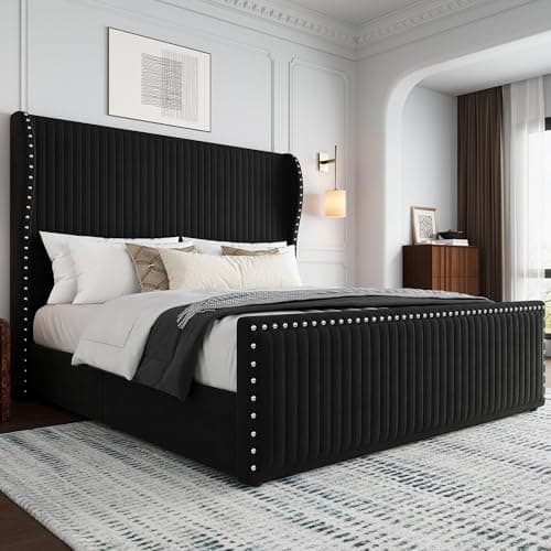Belffin King Size Bed Frame with 55" Headboard Nailhead Trim Design, White - Image 1