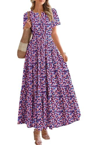 BTFBM Womens Summer Floral Maxi Dresses V Neck Short Sleeve Boho Casual Flowy Long Wedding Guest Dress Beach Vacation(Floral Red Blue, X-Large) - Image 1