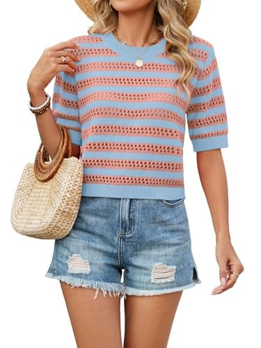 Bellcoco Crochet Tops for Women Spring Summer Short Sleeve Pullover Sweaters Crop Top Vacation Outfits Beach Cover Ups Cute Hollow Out Fashion Clothes 2026 Pink Blue X-Large - Image 1