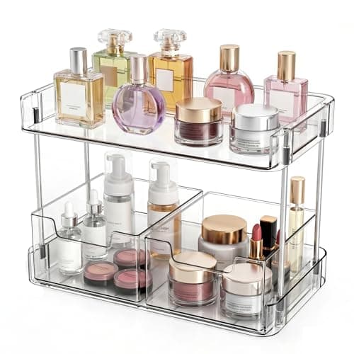 JessLab Clear Makeup Organizer, 2-Tier Vanity Storage with Removable Drawers, Large Capacity Cosmetic Rack for Tall Bottles, Perfume, Lipstick, Bathroom Countertop