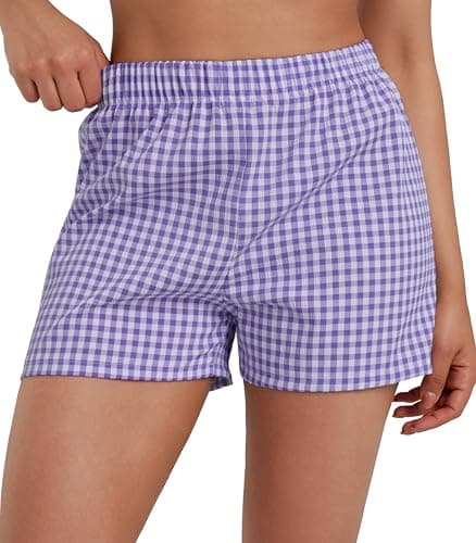 Sunzel Women's Gingham Plaid Boxer Shorts 3" – Elastic Waist Loose Fit Lounge Shorts Y2K Summer Beach Casual Bottoms 2026 Purple Plaid X-Small - Image 1