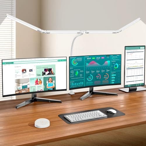 Pzloz Led Desk Lamp with Clamp: Architect Desk Lamp for Home Office, Eye Caring Double Head Computer Monitor Work Desk Light with Remote Control - 24W Flexible Dimmable Desktop Table Lamp White - Image 1