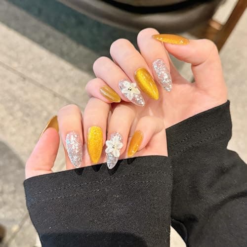 Yacey 3D Floral Handmade Press on Nails, Medium Almond Reusable False Nails Press Ons, Yellow Cat Eyes Thick Acrylic Fake Nails, Luxury Bling Glossy Glue on Nails for Women Girls (10 Pcs, S) - Image 1