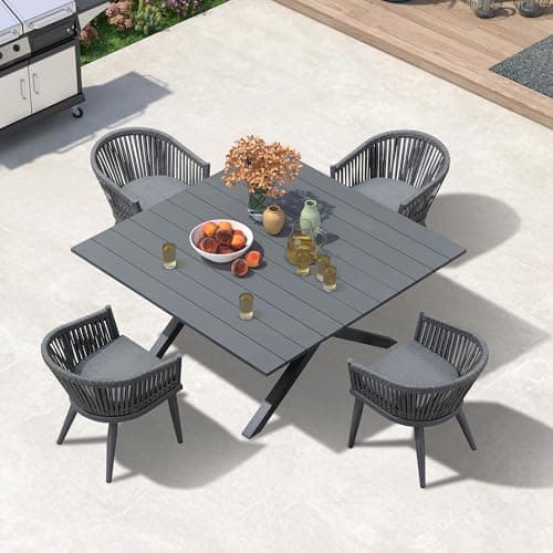 PURPLE LEAF 5 Pieces Oversized Square Outdoor Dining Set with Patio Aluminium Dining Table and Wicker Chairs Modern Furniture Cushions Sets for Backyard Indoor Decor Kitchen Gray - Image 1