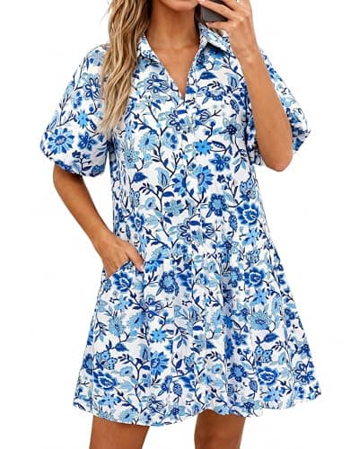 PRETTYGARDEN Womens Summer Dresses 2026 Casual Puff Sleeve Button Down Mini Shirt Dress Boho Floral Babydoll Sun Dress(White Blue Flower,Small) - Image 1