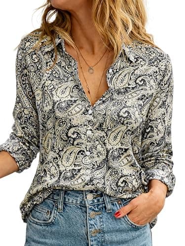 CUNLIN Women Button Down Blouses Dressy Casual Puff Long Sleeve Spring Tops Boho Floral Shirts Fashion Silk Blouse Black and Gold Paisley Size M - Image 1