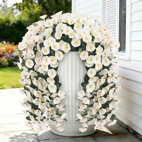 capirosa Artificial Flowers for Outdoors Fake White Morning Glory Hanging Flower Decoration, 2Pcs Realistic Faux Plants Petunias Long Trailing Vines,Spring Decor for Porch Patio Balcony Planter Yard - Image 1