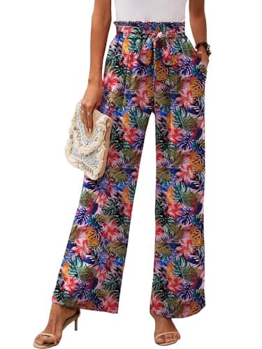 Heymoments Women's Wide Leg Lounge Pants with Pockets Tropic Affair Medium Lightweight High Waisted Adjustable Tie Knot Loose Comfy Casual Trousers - Image 1