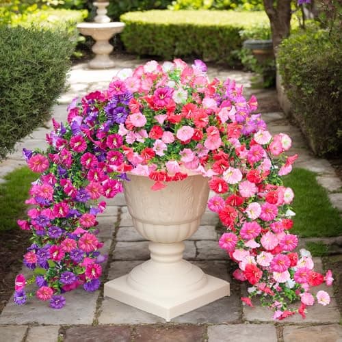 7 Color Mix Artificial Hanging Flowers for outdoor, 8 Pcs Fake Silk Petunias Plants Arrangement, for Spring Summer Outdoor Decoration, UV Resistant, Morning Glorias,for Home Garden Decor (PinkPurple) - Image 1