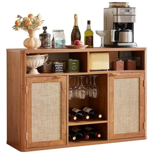 Lerliuo Rattan Wine Cabinet with 2 Doors, Boho Liquor Cabinet with Wine Racks, Farmhouse Coffee Bar Station for Living Room, Dining Room, Kitchen, Tea Brown - Image 1