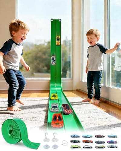 FITNOVO Flexible Race Track for Kids – 15 Ft Roll-Up Car Track with Suction Cups, Fits 1:64 Diecast Cars, Portable Bendable Track Toys for Boys Girls Ages 3+, Green - Image 1