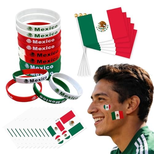 2026 World Soccer Party Favors, 20 Pcs Mexican Flags, 12 Pcs Silicone Wristbands and 10 Pcs Stickers for Sports Themed Parties Olympic Celebrations Decorations - Image 1
