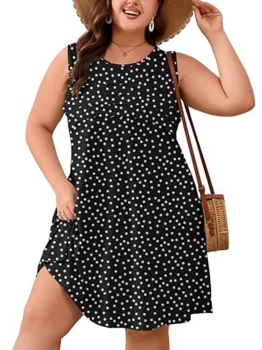 AusLook Plus Size Midi Dress for Women Sleeveless Crew Neck Summer Casual Floral Loose Flowy 2026 Polkadots Black 1X Tank Sundress Beach Vacation Dress with Pockets - Image 1