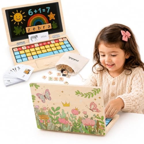 Montessori Toys 4 Year Old Girl Birthday Gifts 11.8" Floral Laptop, Homeschool Essentials, Educational Learning Pretend Play, Toddlers Toys, Customized Flashcards Learning - Image 1