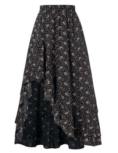 Women's Floral Maxi Skirts High Waist Summer Boho Flowy Ruffle Long Skirt with Pockets Black M - Image 1