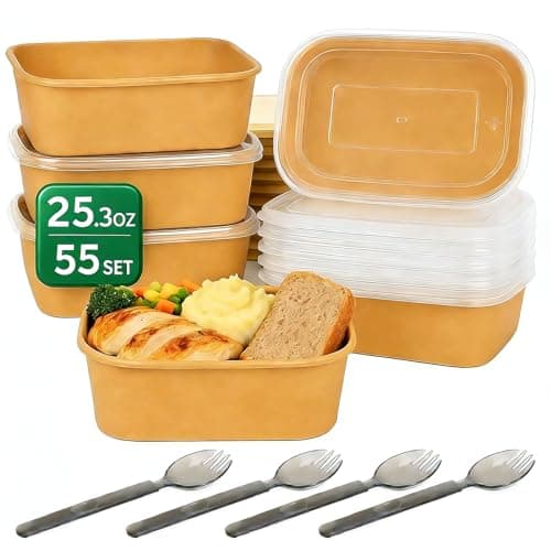Orfonbi 55 Pcs 25.3oz Disposable Paper Bowls with Lids & Utensils - Heavy Duty Thickened Kraft Paper Containers, Leak-Proof Microwave & Freezer Safe, for Takeout, Meal Prep, Lunch, Party, Pet Feeding - Image 1