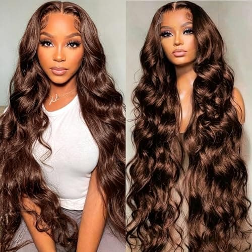 HC 32inch Chocolate Brown Lace Front Wig 13x6 HD Body Wave Human Hair Brown Human Hair Wig 200% Density Pre Plucked Glueless Brown Wigs human hair for Women(32inch) - Image 1