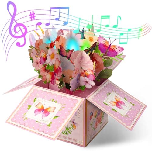mountova 3D Pop Up Birthday Cards with Music, LED Light Musical Happy Birthday Gift Box for Women, Flowers and Butterflies Handmade Foldable Flower Box with Envelope for Mom Wife Daughter Sister - Image 1