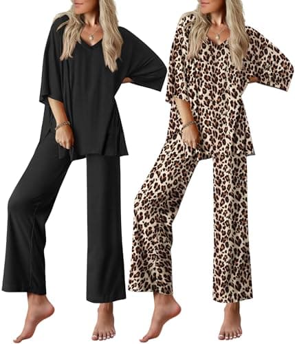 Ekouaer 2 Packs Lounge Sets for Women Short Sleeve Pajamas Set V Neck Top and Long Pants Comfy Pjs Outifts with Pockets - Image 1